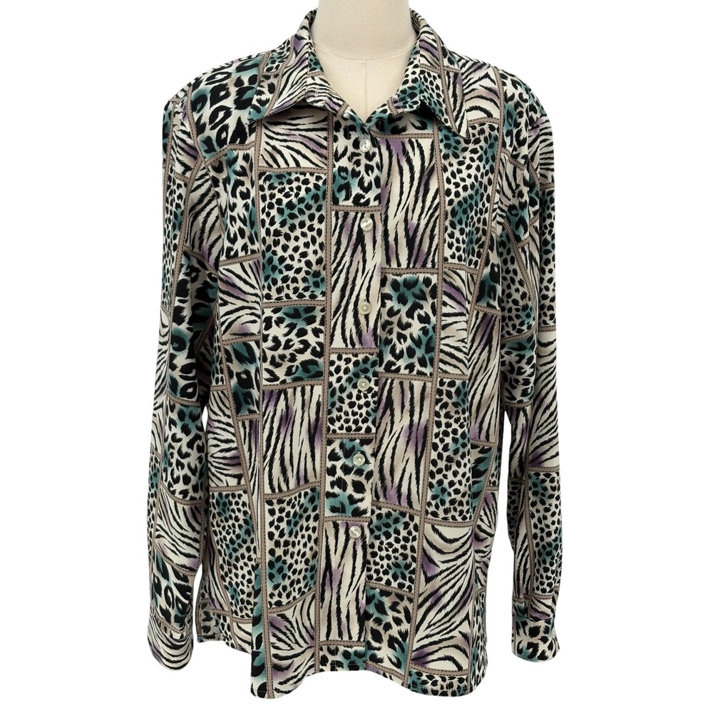 Alfred Dunner‎ Button Down Shirt Animal Print Patchwork Teal Purple Size 18